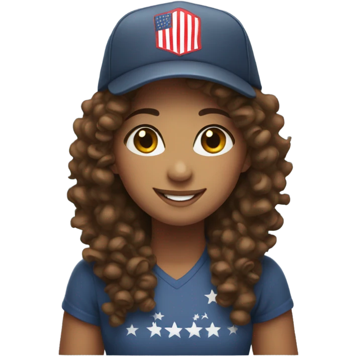 smiling girl with brown curly hair with a MAGA hat emoji