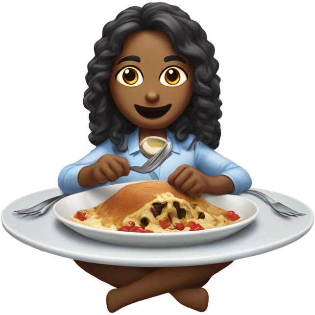 Kamala Karri’s with a cat on a plate. Kamala has silverware in her hand and her mouth is watering emoji