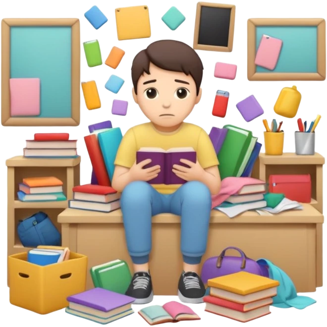 messy room with scattered objects, clothes and books everywhere, simplified human character looking slightly overwhelmed but safe, everyday chaos, flat custom emoji sticker, pastel colors, rounded shapes, minimal details, thick outline, white background, no text emoji