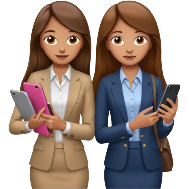 two brown haired girls, looking professional maybe leaned on each others back and looking forward and using phones, with long hair and one girl can hold lap top another one can hold the phone, professional clothes, more stylish emoji