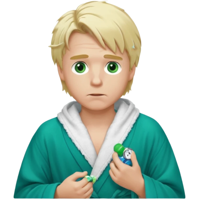 A white man with green eyes, medium-length blond hair, a blue Cartier watch on his wrist, and a black and white bathrobe. His hair is messy, and he has a white pacifier in his mouth. emoji