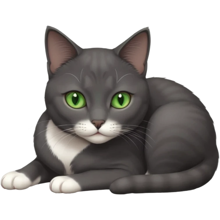 beautiful female solid dark grey cat with green eyes, white toes/paws and white patch on her chest lying down emoji