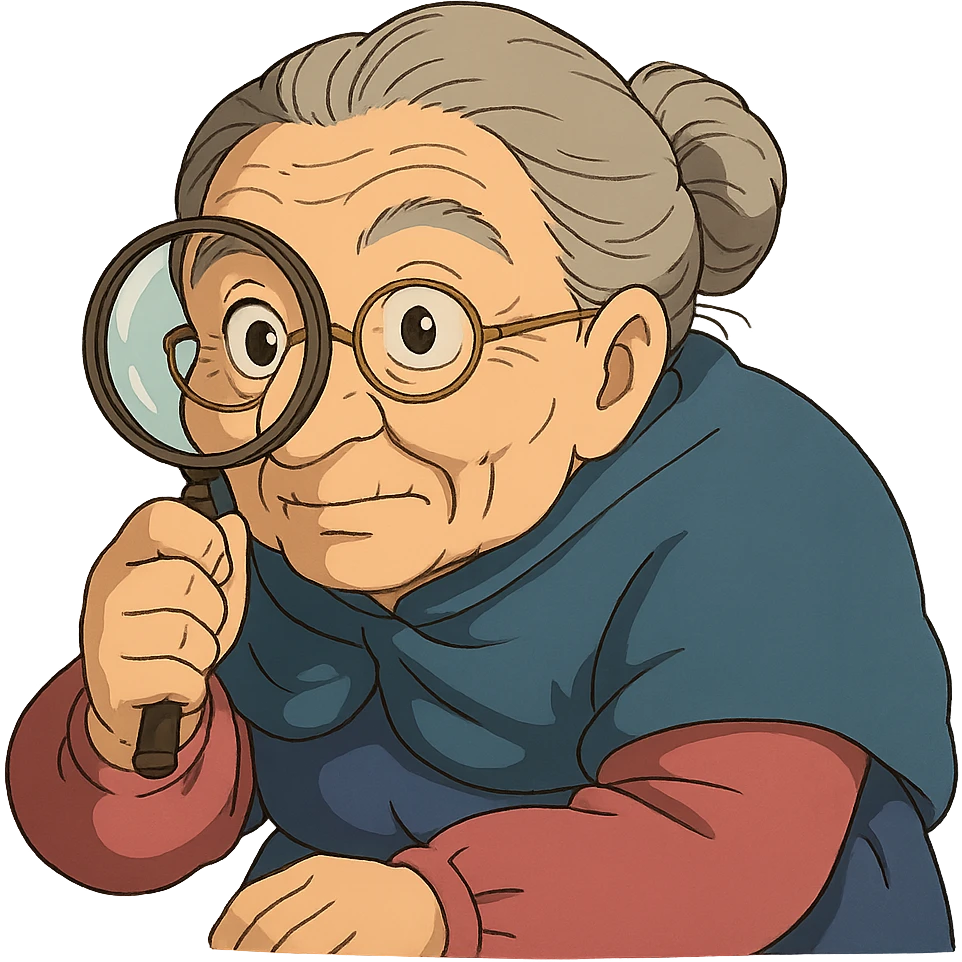 grandmother with glasses peering through a magnifying glass in ghibli style emoji