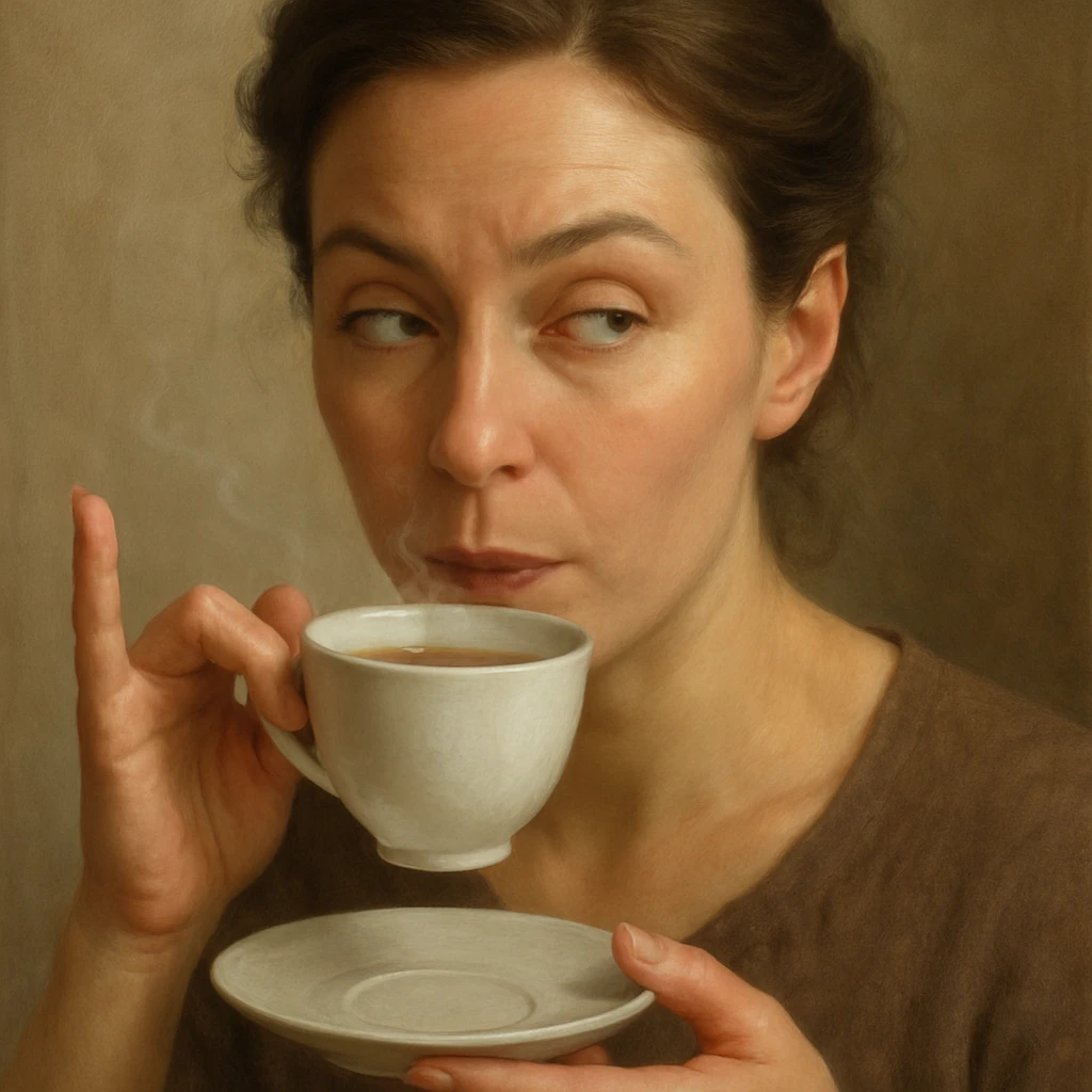 realistic woman giving side eye while sipping hot tea with her pinky up, detailed digital painting, natural lighting emoji