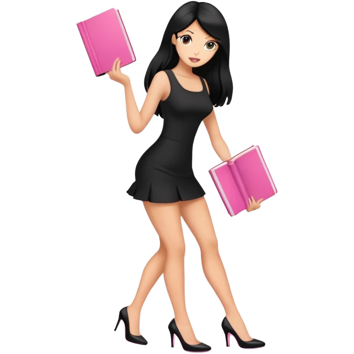 Bimbo in heels in black mini dress, long black hair tanned skin, pick up pink book from ground, emoji