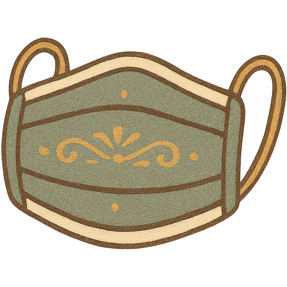 covid mask, classic look, green gold and white color scheme, elegant lines, decorative details emoji