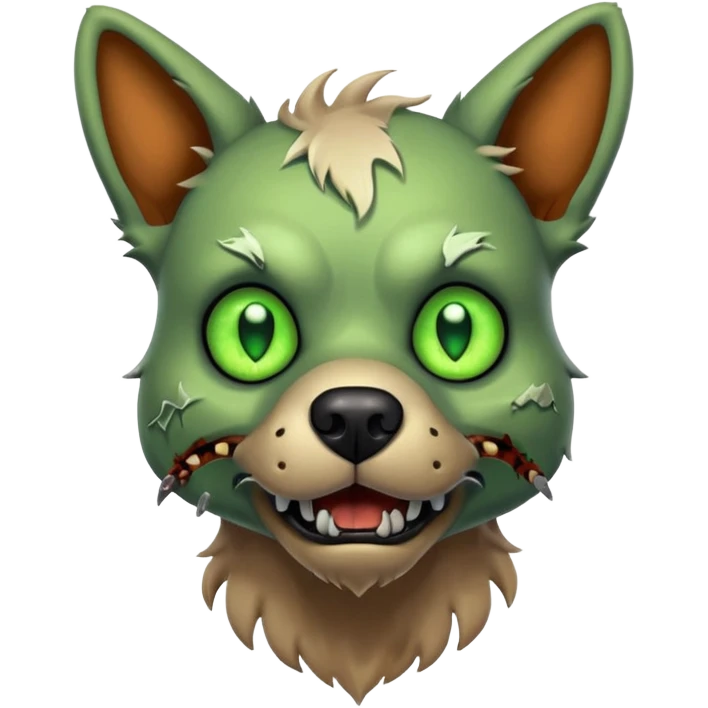 zombie dog portrait, head and shoulders only, torn fur, glowing green eyes, stitched face details, spooky but cute, 3D cartoon, mobile game icon style, clean background, no text, no watermark
 emoji