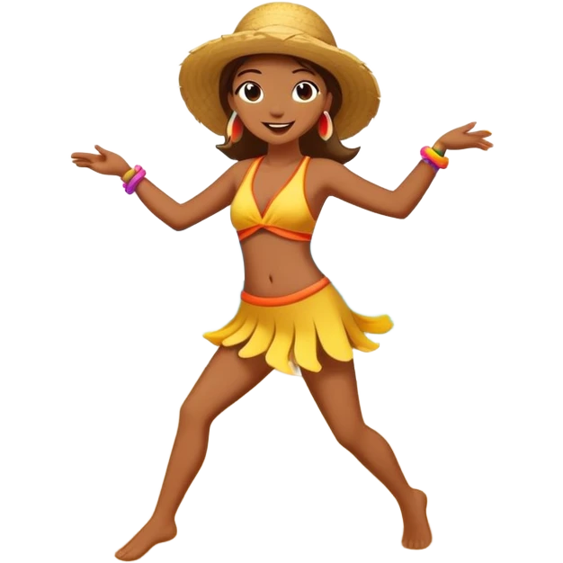 Colorful beach character dancing on sand with sun and ocean, highlighted emoji