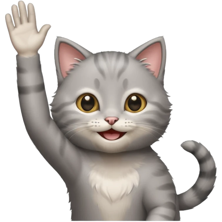 Standing Gray kitten smiling with arms up  emoji