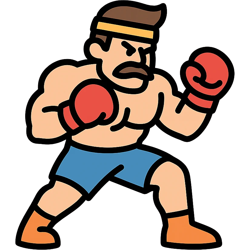 a tough brawler character, muscular, ready to fight, in a dynamic pose, color outline icon style emoji