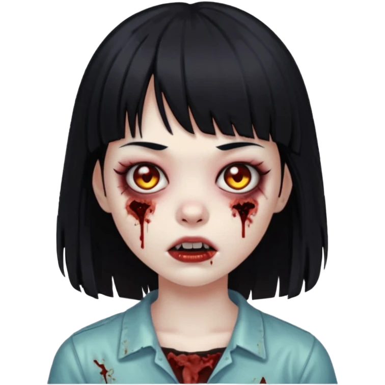 Faça uma zombie menina com franja e cabelo meio comprimido preto emoji