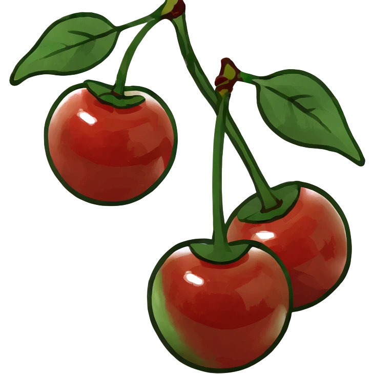 3D style pair of shiny red cherries with green stem emoji
