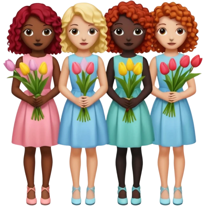 5 girls at a garden party wearing pastel dresses and holding tulips, one is black, one is blond, one has brown hair, one has red hair, the last one is has curly hair emoji
