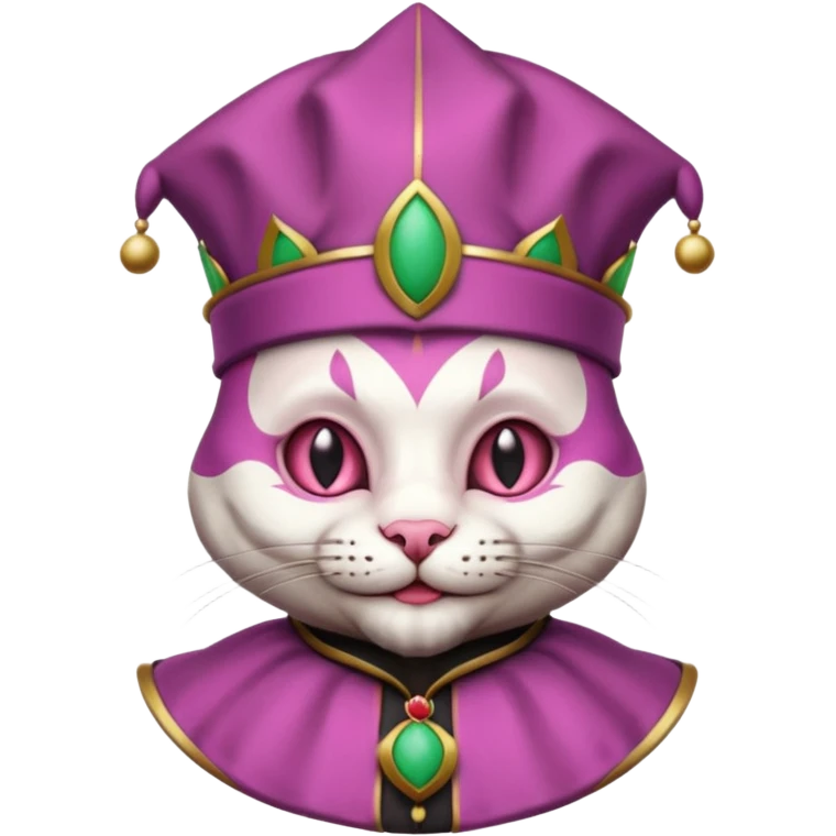 court jester cat medieval, single poker card joker clearly visible, pink, face only, round badge, court jester cap emoji