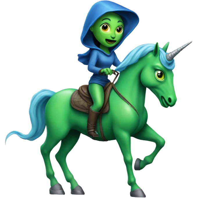 a green amazon alien woman on a blue unicorn no woke emoji