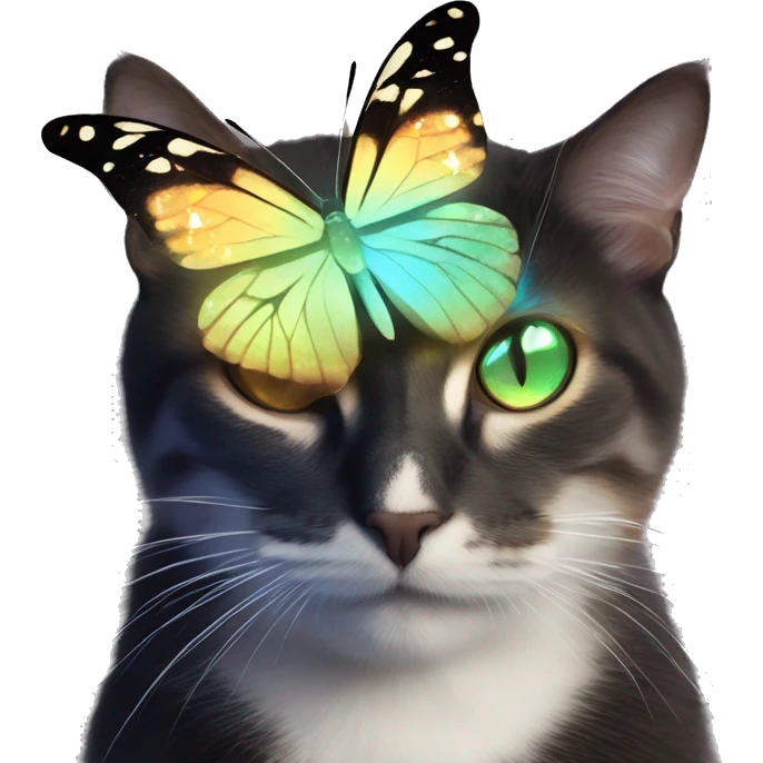 Dark iridescent butterfly glowing on top of cats head  emoji