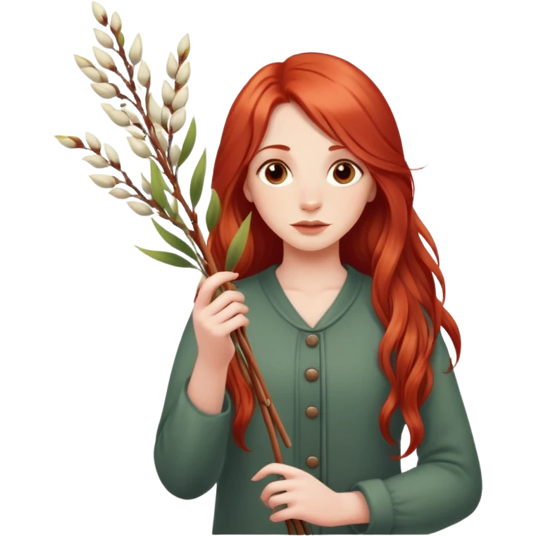 A girl with long red hair holds pussy willow branches in her hands emoji