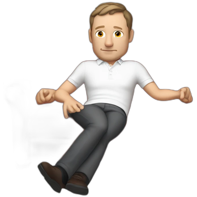 tim robinson very tired laying down on a red couch in a long sleeve white polo shirt, chest up clean shaven, laying flat across couch, arms at side emoji