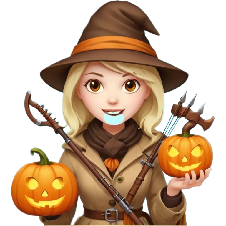 female human monster hunter emoji, wearing brown coat and hat, holding crossbow, soft smile, scarf, glowing pumpkin by her side, Halloween fantasy style, clean vector Apple emoji look, bright colors, white background, square emoji