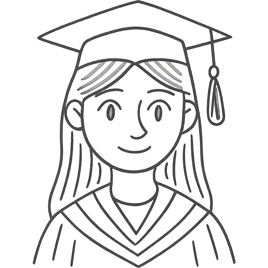 light brown haired girl with long hair, blue eyes, and pale skin wearing graduation regalia, hand-drawn sketch style emoji