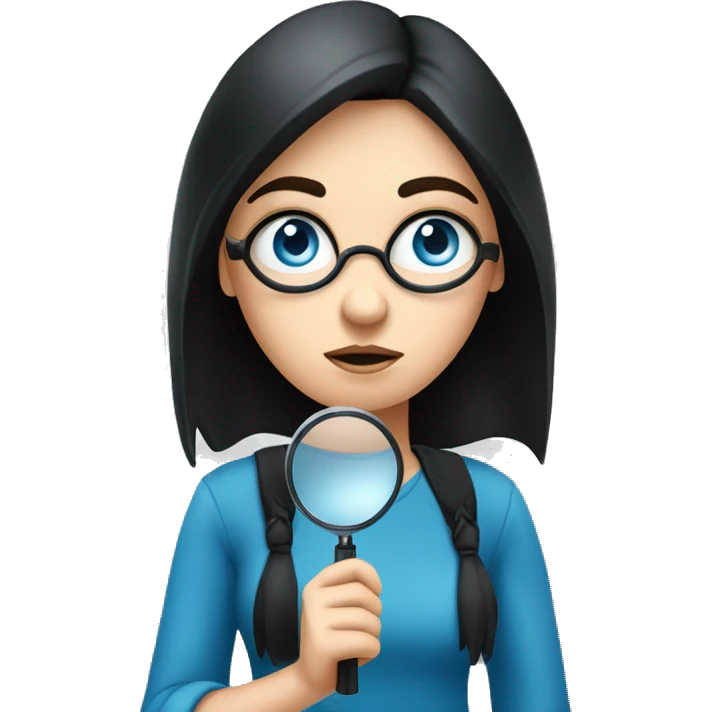 white girl with black hair and blue eyes holding a magnifying glass and suspicious look emoji