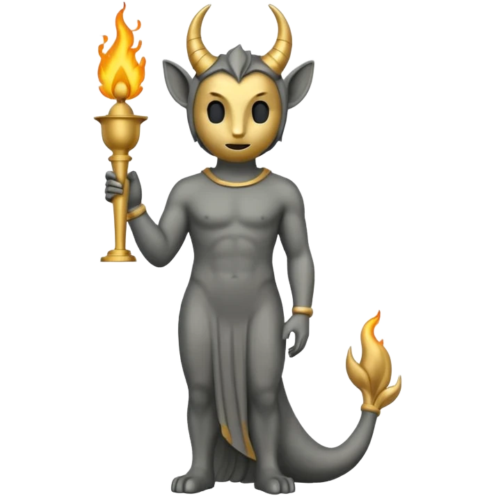 Minimalist emoji-style sticker of a full-body Oscar-like statue in matte gray-gold, with small horns, sharp tail, and faint flames at the base, all in black and muted hues emoji
