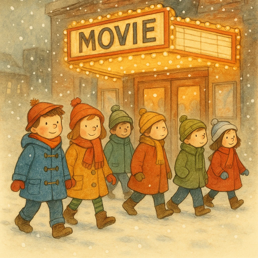 A group of school children walking to a movie theater in winter, inspired by Paddington Bear emoji