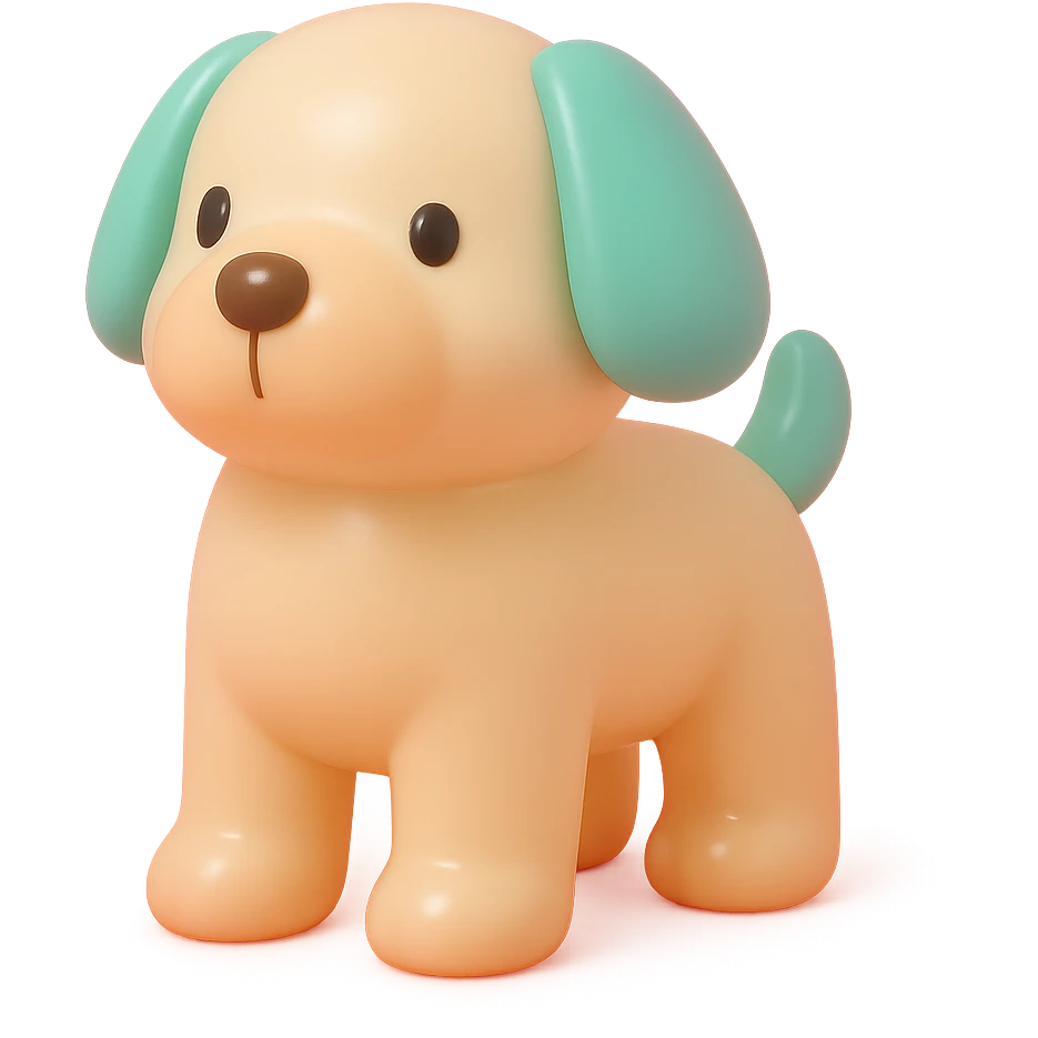               Transform {subject} into a soft vinyl figure with a smooth, glossy surface. The material should look slightly rubbery and tactile, with minimalistic curves and a matte-gloss hybrid finish. Use pastel or soft solid colors. The surface is seamless, with no visible textures or roughness. Studio lighting, vibrant background, clean, playful, designer toy aesthetic and no shadows. {subject} = dog emoji