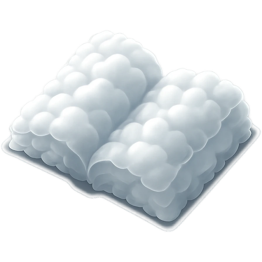 top view of a thick open book made entirely of small, very bright white fluffy convex clouds, matte glass style emoji