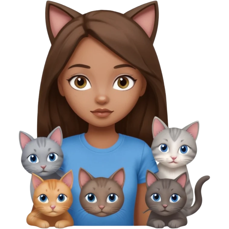 a pretty bratz dusky girl with long brown hair, blue eyes with six cats nd wearing a grey tshirt emoji