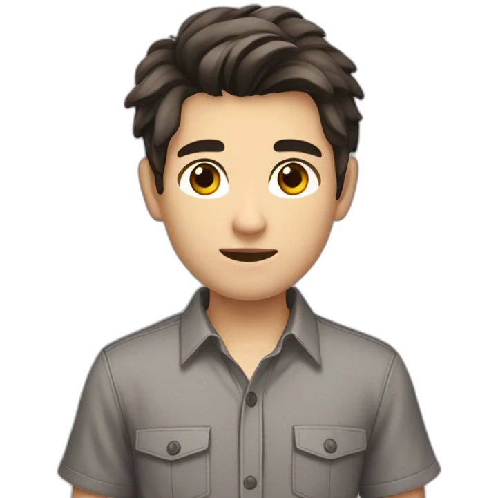 teenage boy with dark brown hair, brown eyes, wearing a short-sleeve button down shirt, thats open, with a grey shirt under it, the boy has white skin emoji