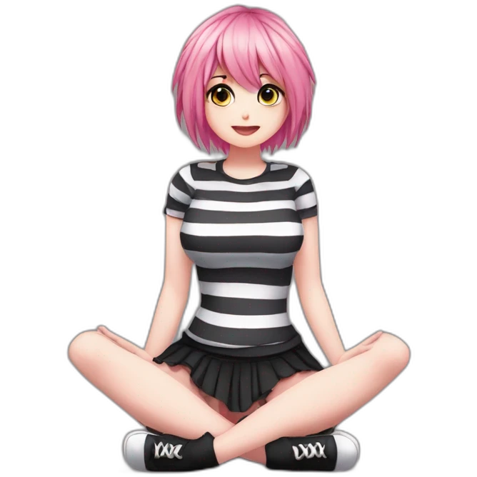 Full body Front view curvy emo girl pink hair sits on the floor straight view hands up black skirt striped torn stockings emoji