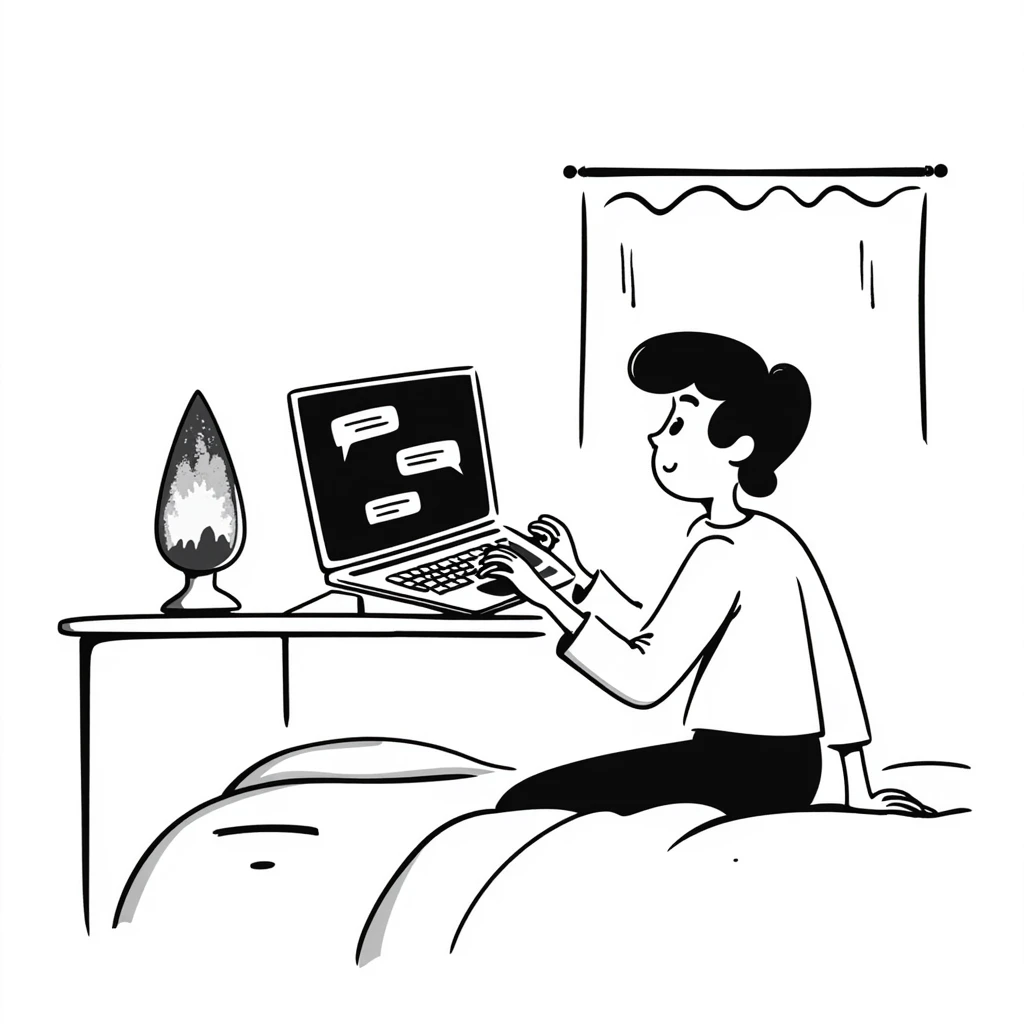 A bedroom lit by a lava lamp and an open laptop running early 2000s MSN Messenger

 emoji