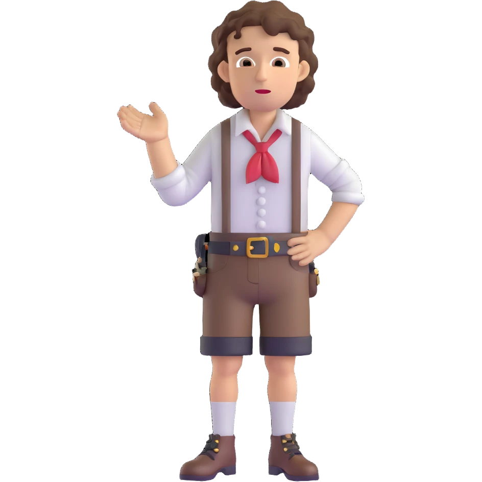 German person with brown curly hair in typical Bavarian clothing (lederhosen) shrugging and looking lost emoji