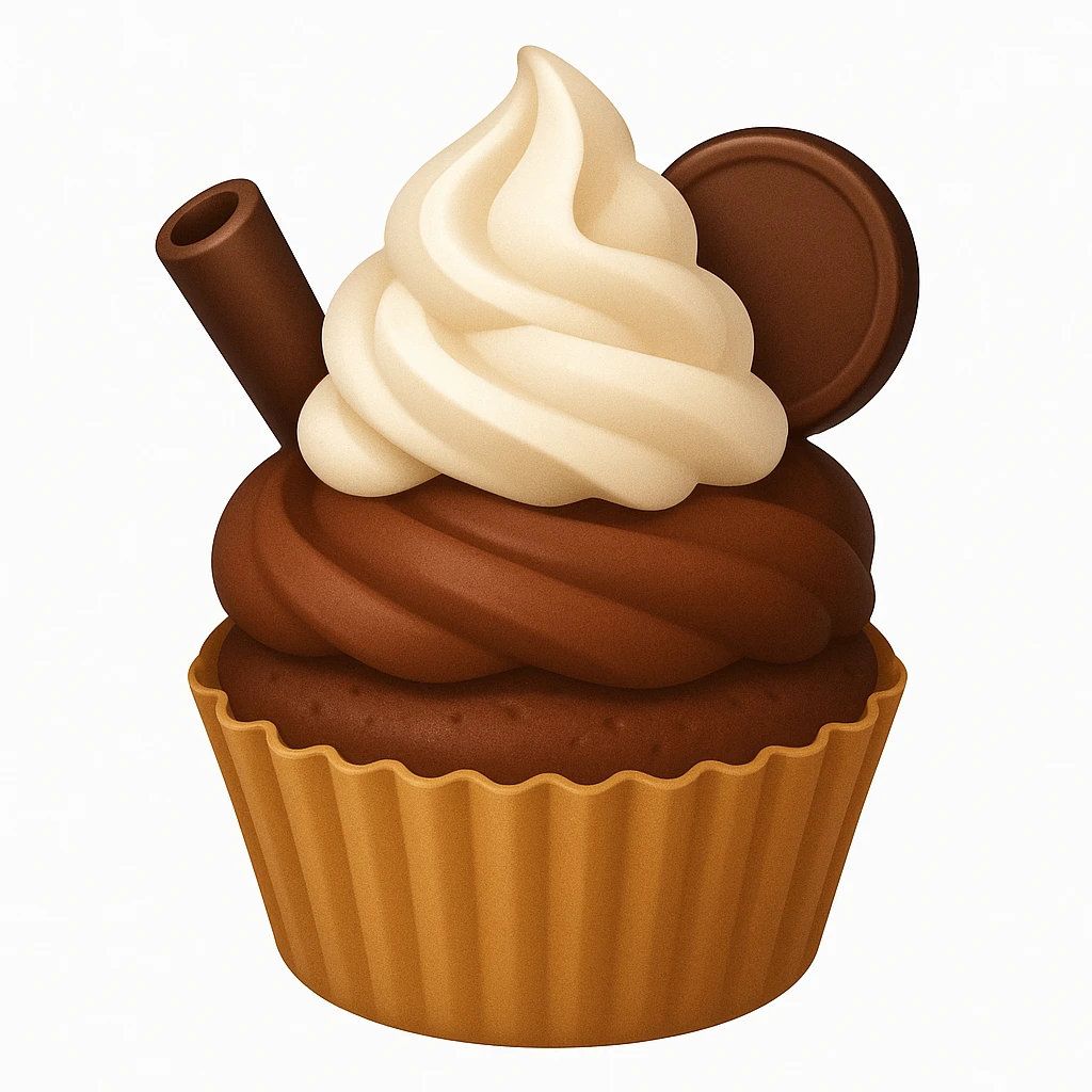 Add a swirl of whipped cream and a chocolate coin to the cupcake with brown (chocolate) frosting and a chocolate curl in emoji style. emoji