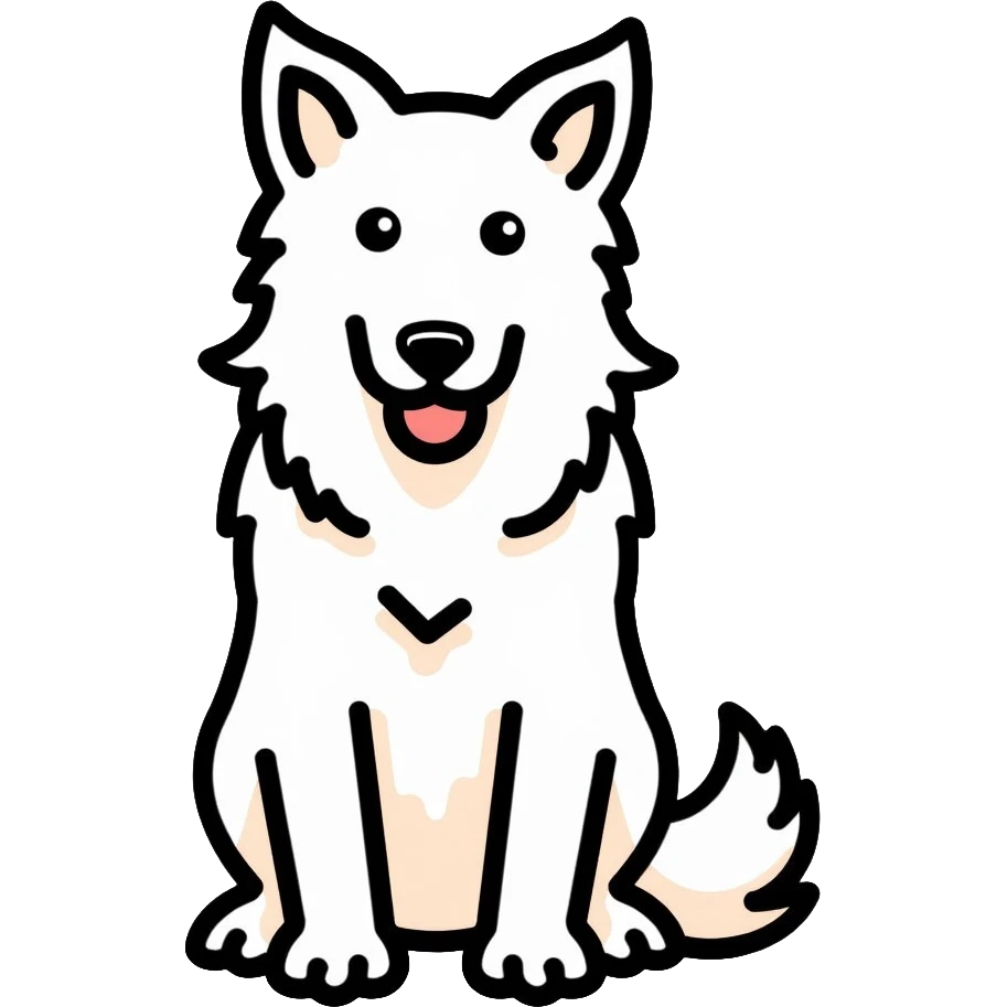A pure white Border Collie dog sitting, with fluffy fur, alert pointed ears, and friendly expression emoji