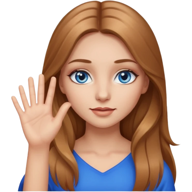A girl with makeup, long light brown hair, blue eyes, with her palm up. with black outlook   emoji
