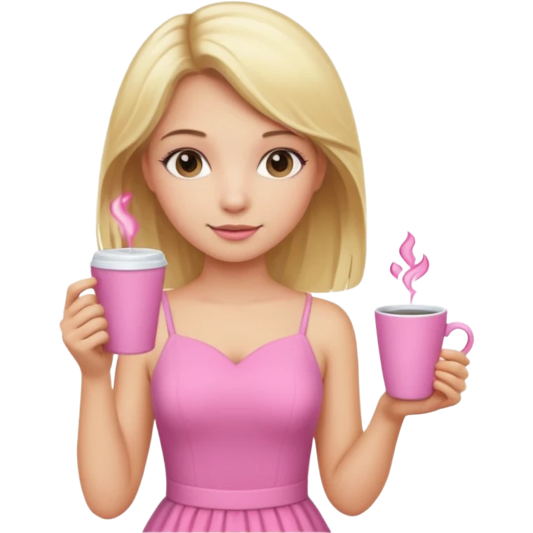 Niña con pelo rubio con un vestido rosa y una taza rosa emoji