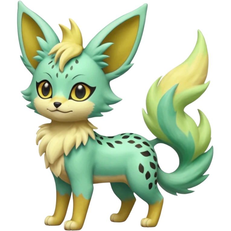 Epic complex detailed pastel minty green, pastel beige yellow pastel realistic aesthetic-scenic-Fakémon-Zorua-Litten-Leafeon-Trico-Sergal-Serval-Vernid-creature (full body) with far wings, shiny sparkly fairycore theme  emoji
