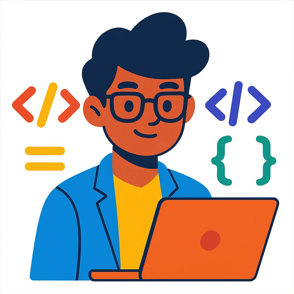 a smart coder, surrounded by code symbols, vibrant and colorful style emoji