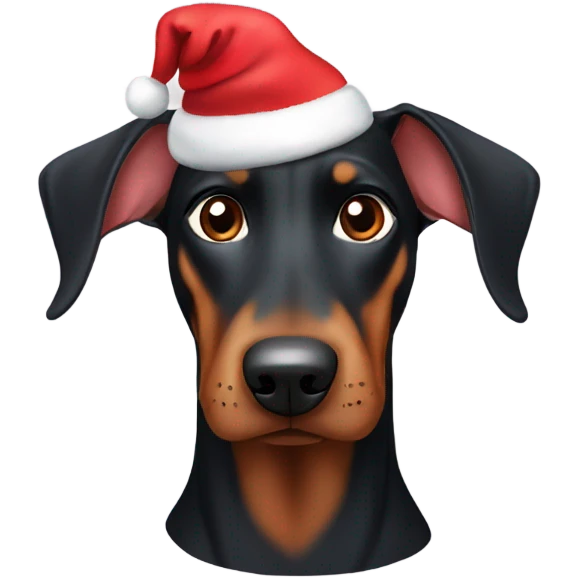 Doberman with floppy ears wearing a Santa hat emoji