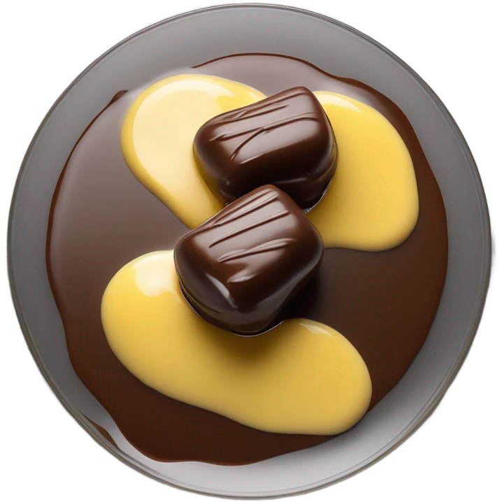 Chocolate and vanilla quenelle on glass plate with 3 drops of yellow sauce emoji