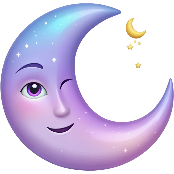 sparkly glossy pastel lilac-gradient crescent moon with a subtle face emoji