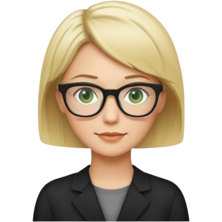 blonde teacher with short hair and green eyes and black glasses smiling emoji