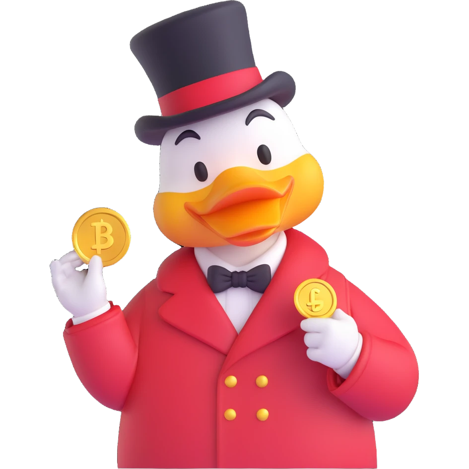 Dagobert Duck emoji, holding a gold coin, wearing classic red coat and top hat, smiling emoji