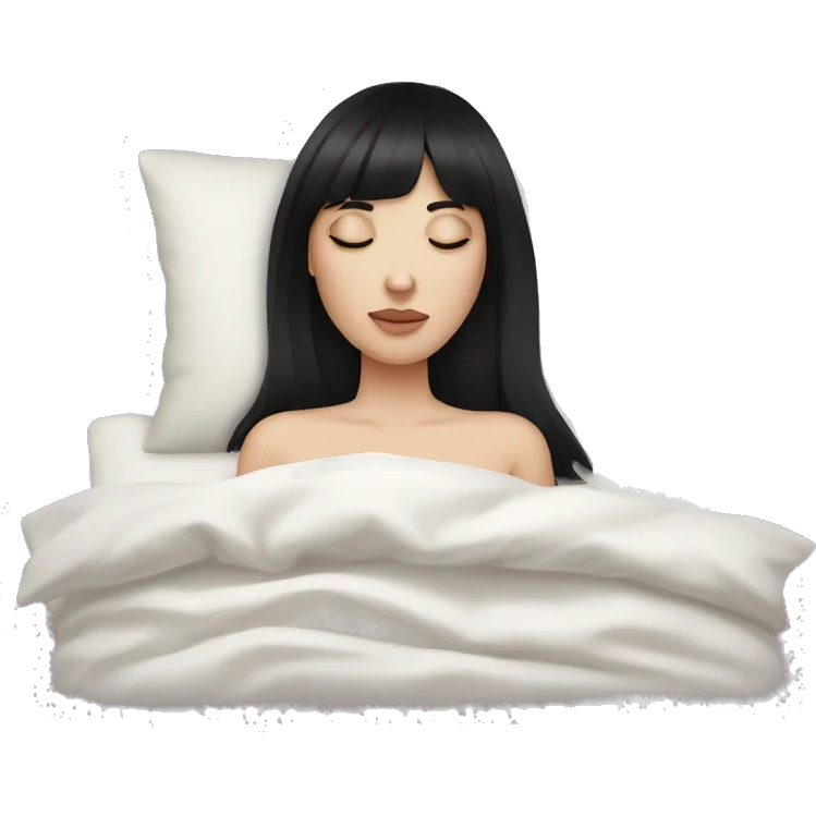 Woman pale skin black hair with bangs sleeping in bed with pillow, white woman emoji