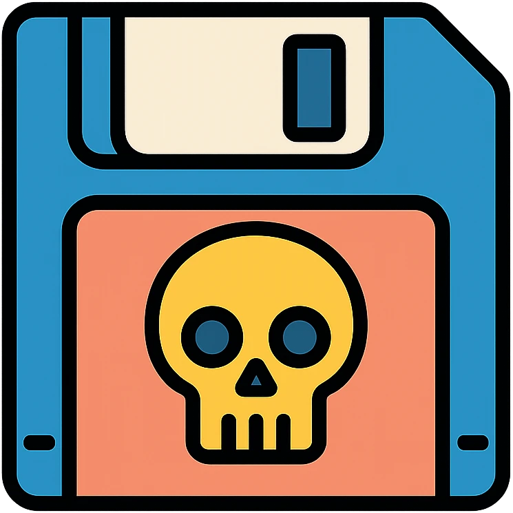 floppy disc with a skull motif, color outline icon emoji