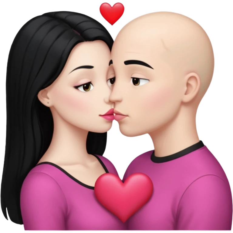 👩🏻‍❤️‍💋‍👨🏻 this one but the man should be bald. white woman with long black hair and white bald young man whoitiut hair and a heart between their heads. she has pink lips and both have brown eyes. emoji