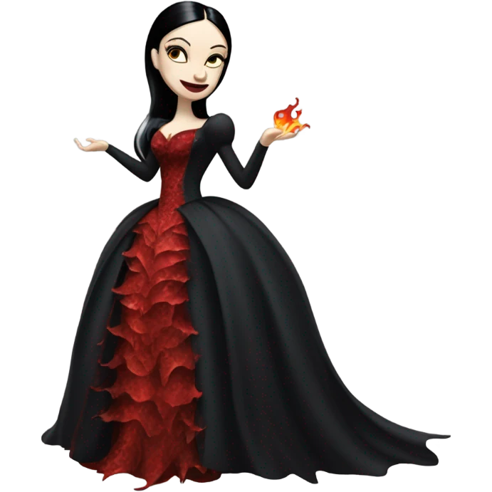 Lavish Victorian evening gown, young Morticia Addams Jedi wearing a mini tiara, riding on the back of a very large blood red evil-looking fire-spewing horned dragon emoji