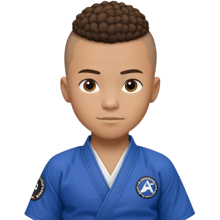 Mixed race boy BJJ instructor with pony tail afro hair and shaved bald sides haircut, Make the hair brown and the belt blue. Add the roger Gracie academy logo on the go also and the p logo of progress jiu jitsu on the right arm sleeve  at the top emoji